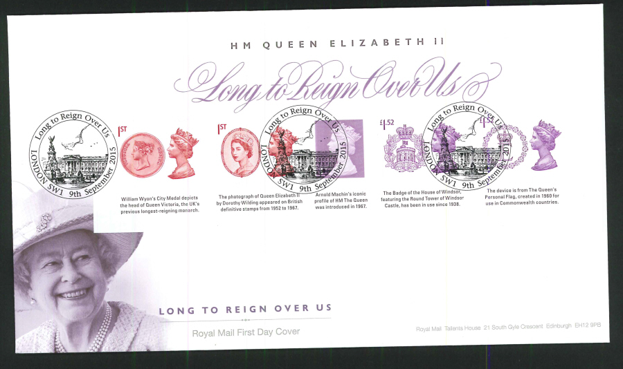 2015 Long to Reign Over Us Mini Sheet First Day Cover, London SW1 Postmark